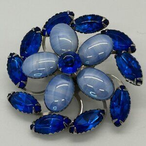 Vintage Blue Cabochon Brooch Rhinestone Floral Acrylic Plastics1940s-1950s Rivet